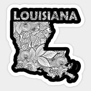 Mandala art map of Louisiana with text in white Sticker